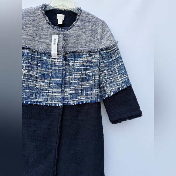 CHICO'S Tweed Longline Frayed Jacket Navy Blue Colorblock Size 0 (US 4/6 Small) - Picture 11 of 16